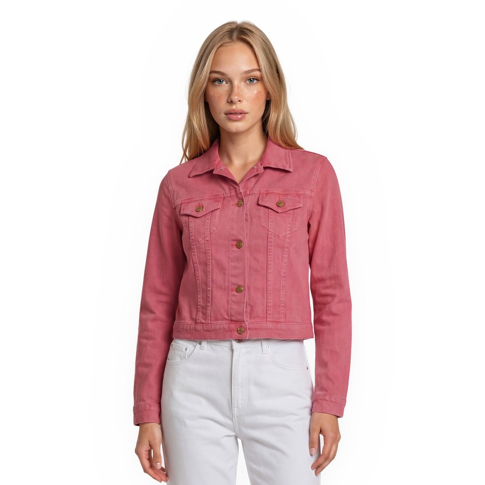 Michael Kors Denim Jacket Women's Size Large Coral Pink Gold Logo Button Stretch